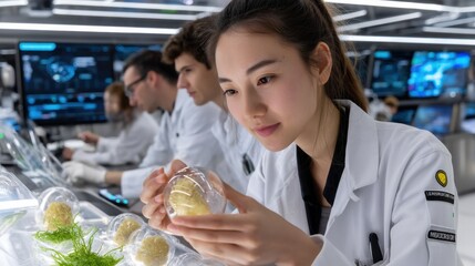 Aufkleber - A woman in a lab coat is holding a plastic container with a plant inside