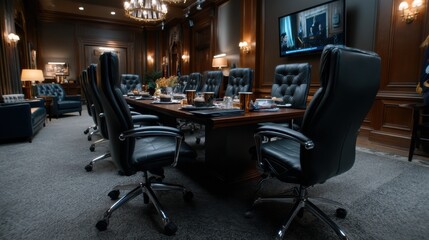 Poster - A large conference room with a long table and black chairs