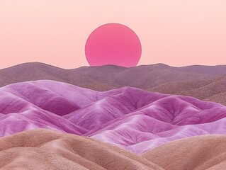 Poster - A vibrant landscape depicting undulating hills beneath a bright pink sky