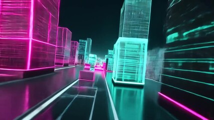 Poster - Futuristic cityscape with neon-lit buildings and pathways