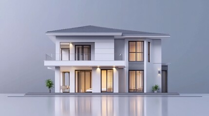 Poster - Modern two-story house with a gray roof and white walls, featuring a balcony and large windows