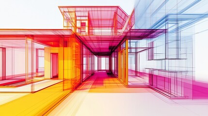 Aufkleber - Architectural Wireframe Structure with Vibrant Color Gradients and Perspective View