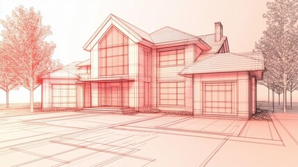 Aufkleber - Architectural drawing of a two-story house with multiple garages and trees surrounding