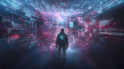 Aufkleber - A robotic librarian floating through an ancient digital archive, restoring lost histories in a world of neon light, cinematic futuristic knowledge keeper