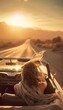 © cynz - A vintage convertible racing through a desert highway at sunset, the driver wearing aviator sunglasses and a silk scarf blowing in the wind