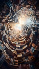 Aufkleber - A grand library of floating books spirals into infinity, each volume glowing as it whispers its forgotten stories into the void. Cinematic surreal knowledge vault