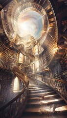 Aufkleber - A grand library of floating books spirals into infinity, each volume glowing as it whispers its forgotten stories into the void. Cinematic surreal knowledge vault
