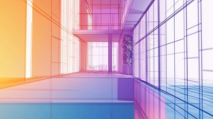 Aufkleber - Architectural blueprint with vibrant gradients showcasing an office space design