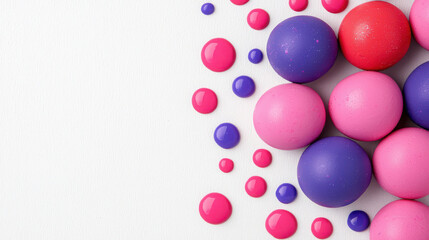 Poster - Colorful Round Objects and Paint Dots on White Background for Creative Projects and Designs