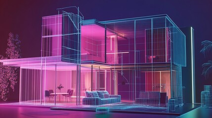 Aufkleber - Futuristic modern house wireframe architectural design with neon lights in a dark setting