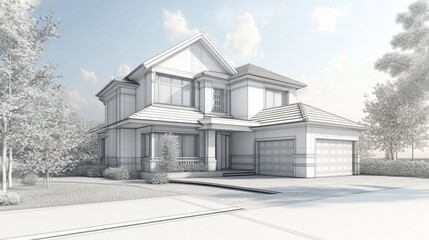 Aufkleber - Detailed architectural rendering of a two-story house with garage and surrounding trees
