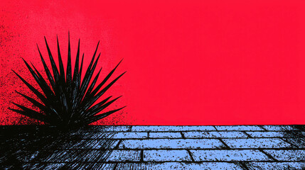 Fototapete - Abstract art featuring spiky plant silhouette against vibrant red wall with blue pavement