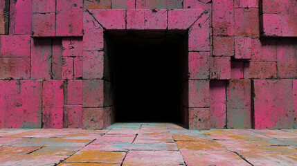 Poster - Abstract Pink Wall with Dark Opening and Colorful Square Tiles for Creative Background Use