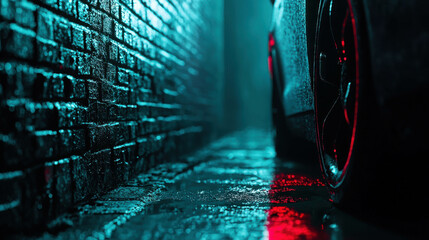 Poster - Urban Night Scene with Car Tire in Alleyway Highlighted by Neon Blue and Red Lights