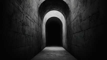 Poster - Dark Mysterious Tunnel with Arched Ceilings and Dim Lighting Create Eerie Atmosphere