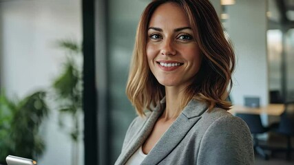 Poster - Businesswoman engaging in conversation with partner in modern office setting, Attractive businesswoman talking with business partner on video chat in office