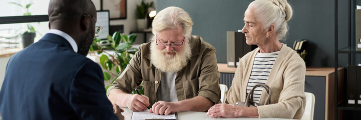 Poster - Header with senior couple having meeting with financial manager