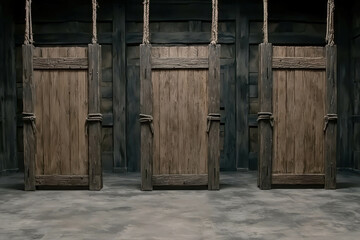 Poster - Rustic Wooden Doors with Ropes in a Mysterious Dark Room Setting