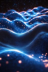 Poster - Abstract 3D representation of glowing blue waves with twinkling particle effects