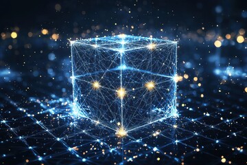 Poster - futuristic glowing geometric shape with interconnected points on a digital network