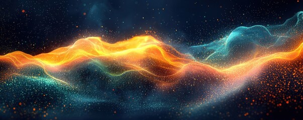 Poster - Abstract glowing orange and blue digital wave with golden sparkles