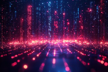 Poster - abstract glowing particles on dark digital wave background