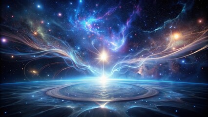 Wall Mural - Celestial Ocean A luminous star shines brightly, its ethereal light illuminating a tranquil, cosmic sea enveloped by swirling nebulae and distant constellations.
