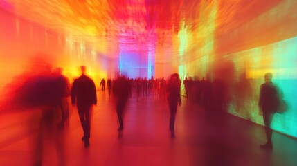 Poster - A vibrant, colorful scene depicting blurred figures walking through a neon-lit environment, evoking a sense of movement and energy.