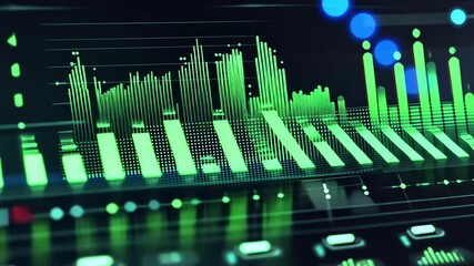 Poster - Green audio equalizer displayed on digital screen during sound editing session in studio, Green audio equalizer on screen