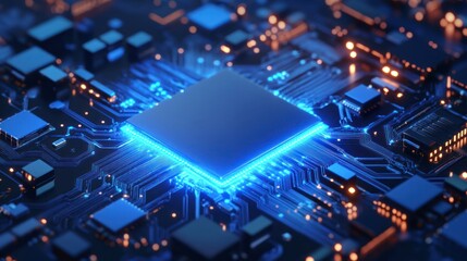 Poster - Close-up of a glowing microchip on a circuit board, symbolizing advanced technology and innovation in computing.