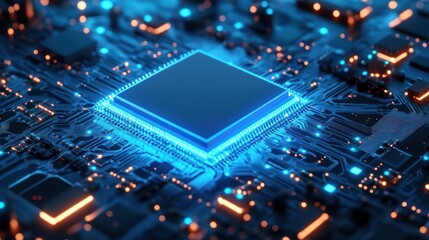 Poster - Close-up of a glowing microchip on a circuit board, showcasing advanced electronic components and intricate detailing.