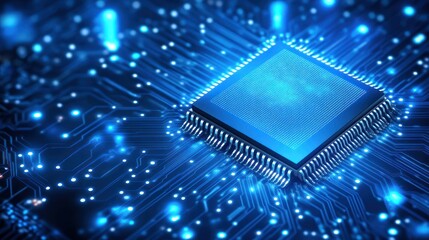 Poster - Close-up of a modern microchip surrounded by glowing circuitry, representing advanced technology and innovation in electronics.