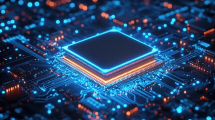 Poster - Futuristic computer chip on a circuit board, glowing with vibrant blue and orange lights, symbolizing advanced technology.