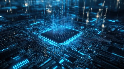 Poster - Futuristic microprocessor glowing with blue lights, representing advanced technology and innovation in electronics.