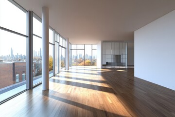 Poster - Spacious empty room with hardwood floors and large windows offering a city skyline view in daylight