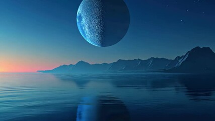 Poster - Blue moon sets gently over the calm ocean waves at dawn's first light, Blue colored moon setting slowly over the ocean at night