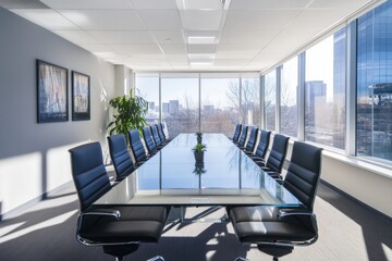 Poster - A conference room with a long glass table and black chairs and a large window with a city view outside it