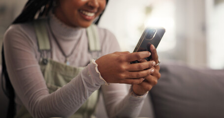 Poster - Happy woman, hands and texting with phone on sofa for communication or social media at home. Closeup, female person or user typing with smile on mobile smartphone for network app or online chatting