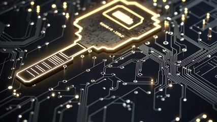 Fototapete - Key icon combined with computer circuit board design illuminated against dark background, key icon with computer circuit board over light trails on black background