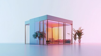 Poster - modern glass enclosed structure with colorful lighting and interior decor