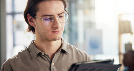 Poster - Business, reading and tablet with editor man in office for online magazine publication. App, creative and editing with confident employee in workplace for article approval or publishing schedule