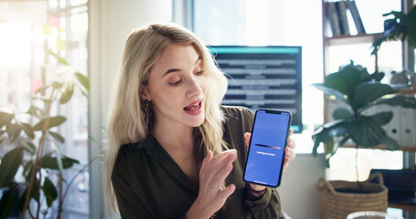 Aufkleber - Phone screen, business woman and presentation for software, investment pitch or funding for mood reader. Mobile, talk or worker with display in office for creative startup idea, ux development or app