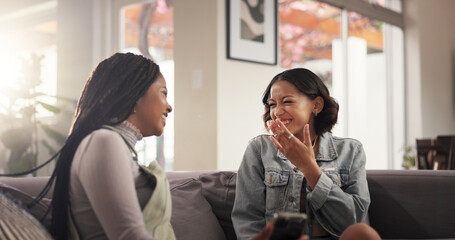Poster - Laughing, friends and women with smartphone, home and bonding with gossip on social media and happiness. House, smile and people with mobile for funny news on post, reunion or together in living room