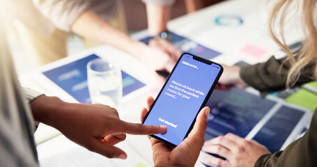 Aufkleber - Phone screen, business person and hands on app for music software, ui development or test. Mobile, team and ux designer in discussion closeup at startup office for creative brainstorming or planning