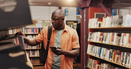 Poster - Education, phone and student black man in library to search for books or study material. App, information and social media with person on college or university campus for learning or scholarship