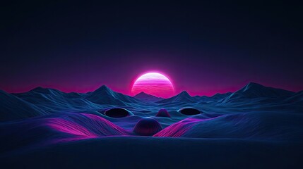 Poster - Landscape of alien planet beneath mystical skies and surreal moon concept. Surreal vibrant landscape with a glowing sunset over hills.