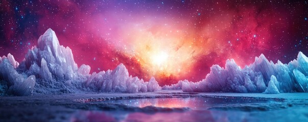 Poster - Landscape of alien planet among galaxy and mystical atmosphere concept. Stunning cosmic landscape with vibrant colors and reflective surfaces.
