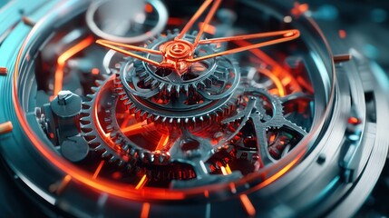Poster - Detailed close-up of an intricate clock face with a red light illuminating the time in a captivating artistic display