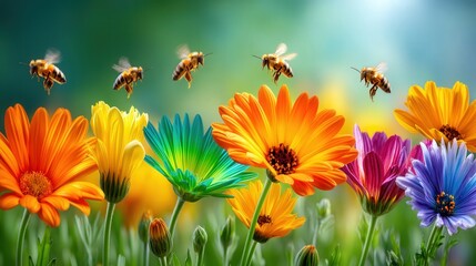 Poster - Vibrant flowers in full bloom with busy bees flying around pollinating in a beautiful natural garden setting