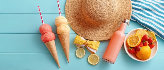 Wall Mural - A blue table displays fruit, ice creams, and a straw hat, creating a vibrant summer scene, Hello Summer background.